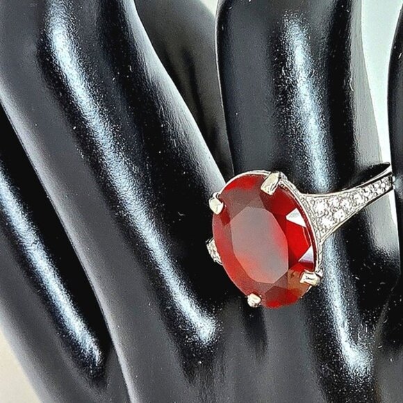 925 Sterling Silver Ring with Natural  Hessonite Garnet Gem & CZ - Picture 4 of 16